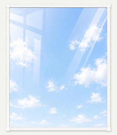 Clear glass like polycarbonate. Neat white PVC frame with Discreet corner pieces