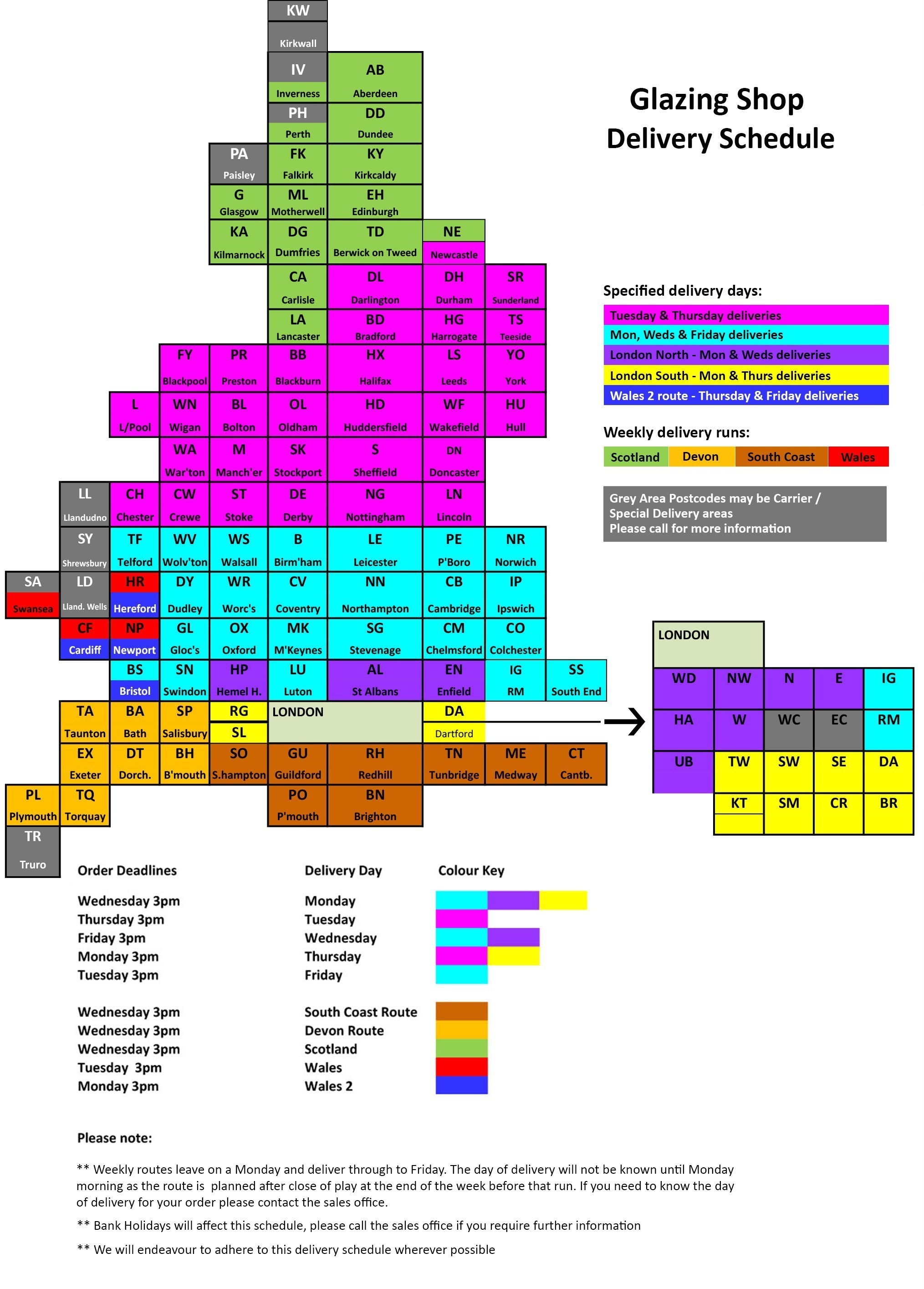 Delivery Map for The Glazing Shop - postcode map schedule