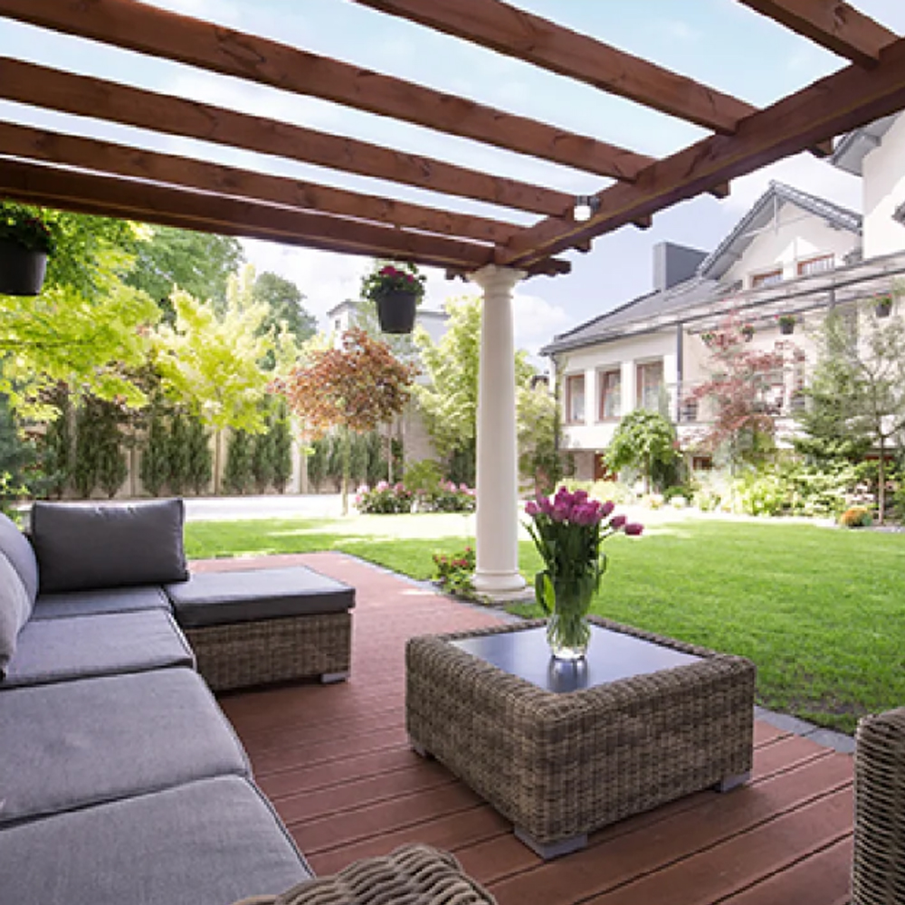 Wooden pergola with clear EZ Glaze roofing panels